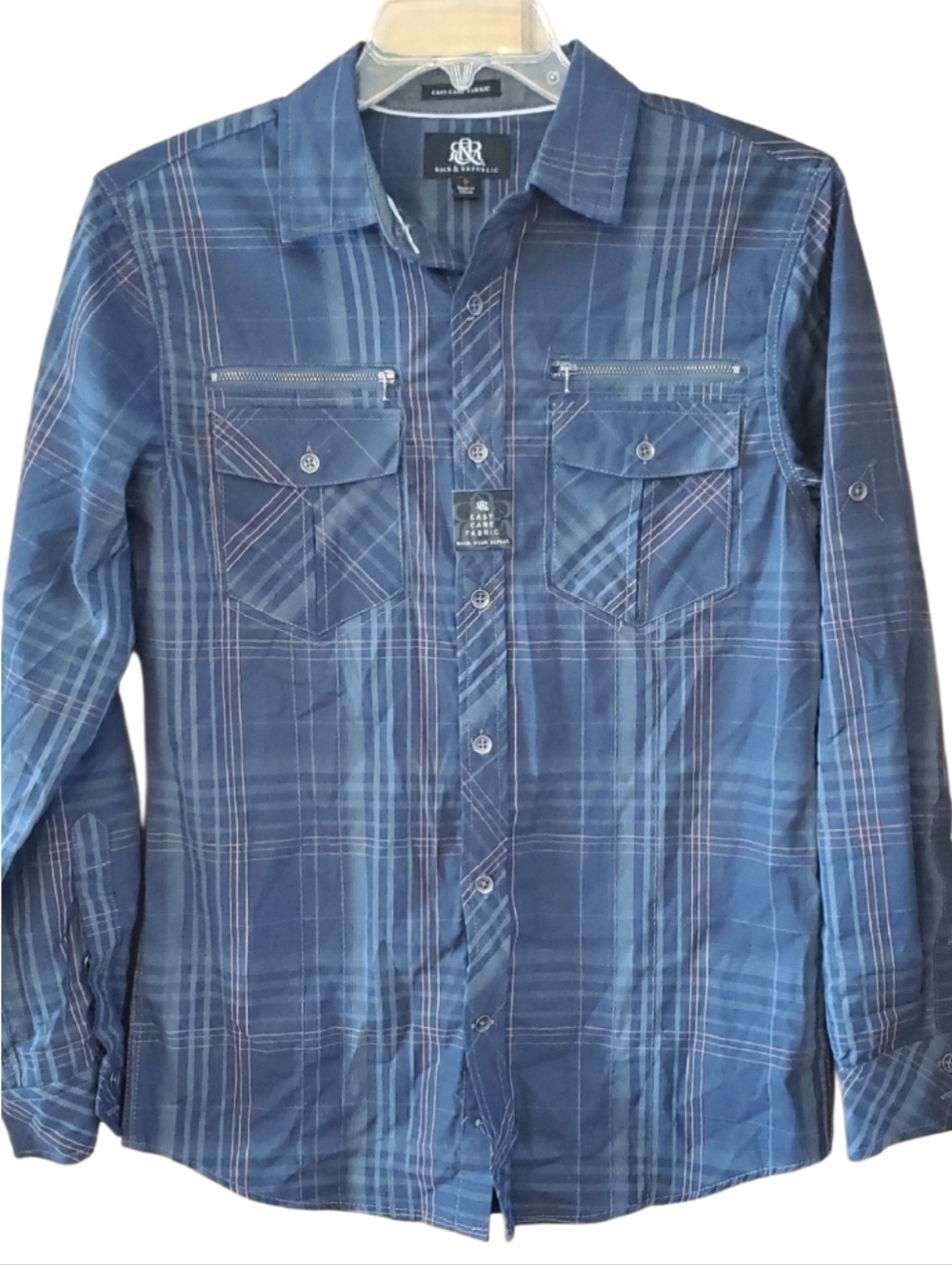 Rock‎ & Republic Mens Navy Blue & Grey Plaid Button-Down Shirt Size Small